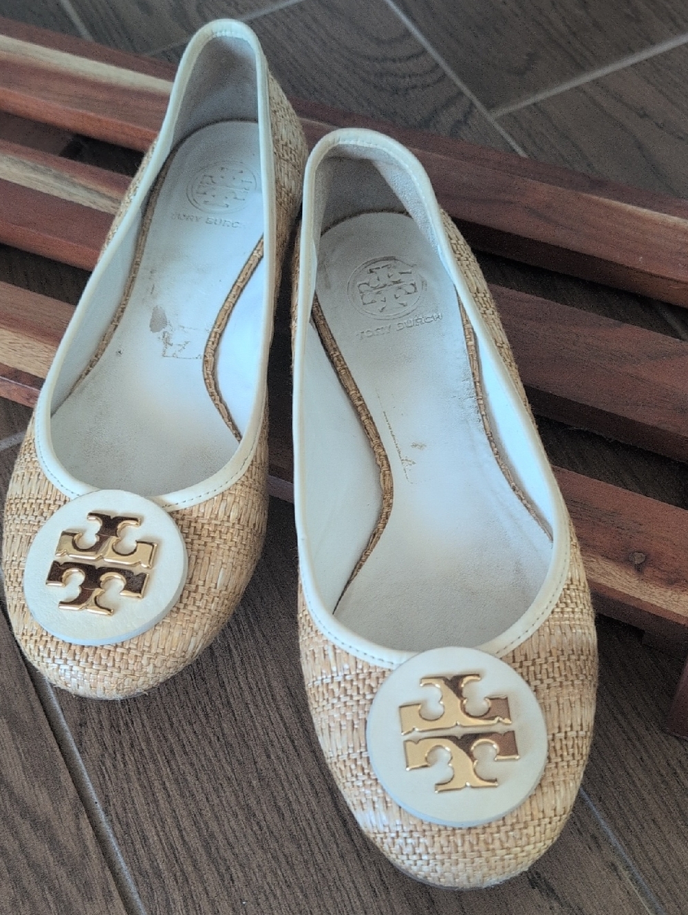 Tory Burch Tan Reva Raffia Ballet Flats with Gold Logo